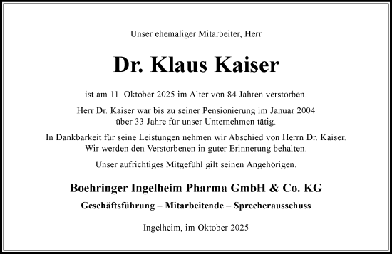 Traueranzeige von Klaus Kaiser von Allgemeine Zeitung Rheinhessen-Nahe