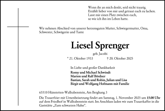 Traueranzeige von Liesel Sprenger von Idsteiner Land/Untertaunus