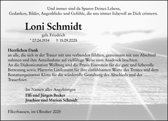 Traueranzeige von Loni Schmidt von Weilburger Tageblatt