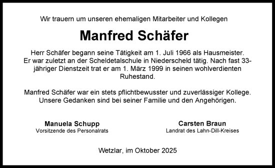 Traueranzeige von Manfred Schäfer von Dill Block Traueranzeige von Manfred Schäfer von Dill Block