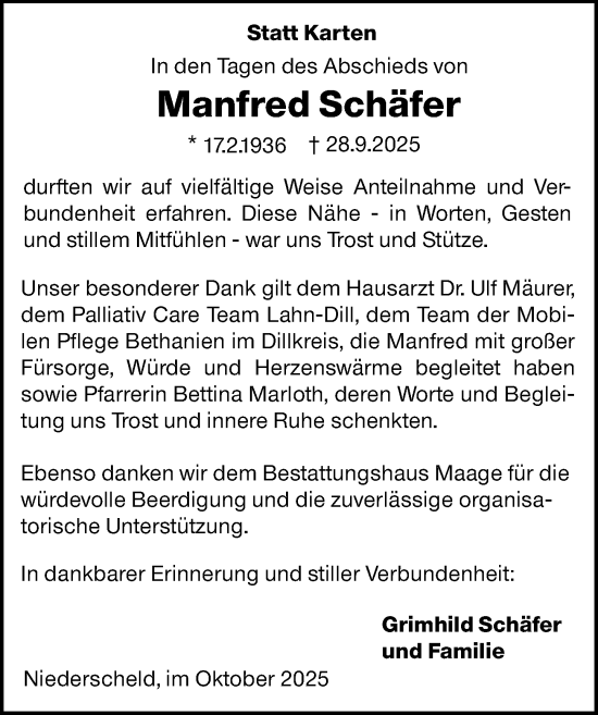 Traueranzeige von Manfred Schäfer von Dill Block Traueranzeige von Manfred Schäfer von Dill Block