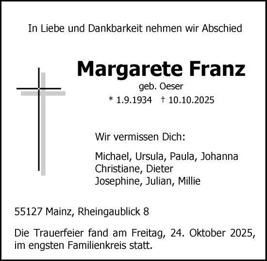 Traueranzeige von Margarete Franz von Allgemeine Zeitung Mainz