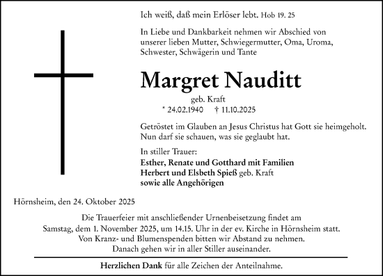 Traueranzeige von Margret Nauditt von Wetzlarer Neue Zeitung