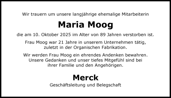 Traueranzeige von Maria Moog von Darmstädter Echo