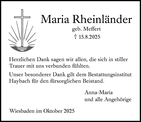 Traueranzeige von Maria Rheinländer von Wiesbadener Kurier