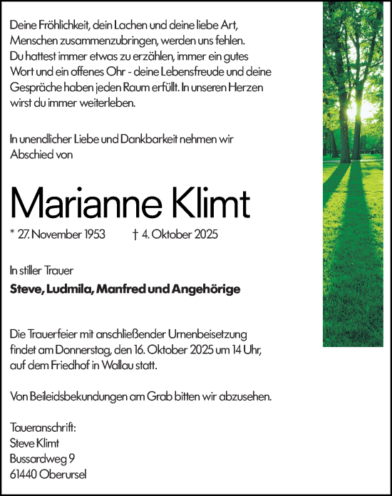 Traueranzeige von Marianne Klimt von Hinterländer Anzeiger