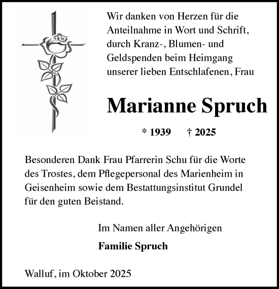 Traueranzeige von Marianne Spruch von Wiesbadener Kurier