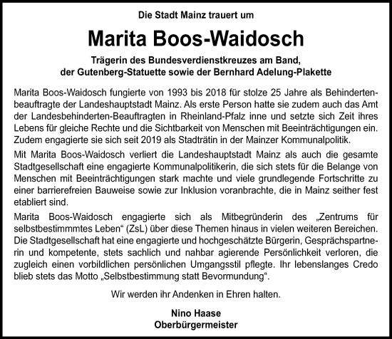 Traueranzeige von Marita Boos-Waidosch von Allgemeine Zeitung Mainz
