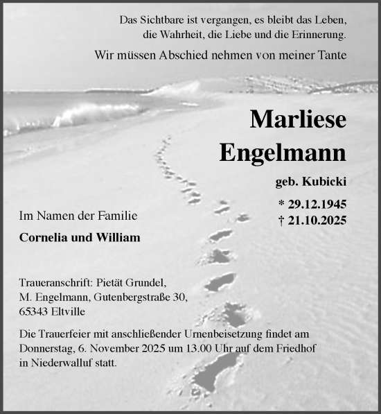 Traueranzeige von Marliese Engelmann von Rheingau Kurier Traueranzeige von Marliese Engelmann von Rheingau Kurier