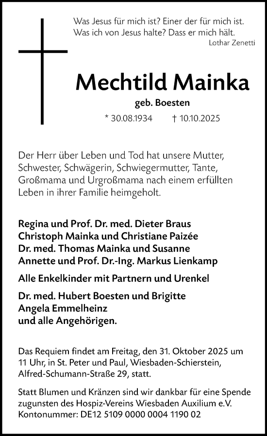 Traueranzeige von Mechtild Mainka von Wiesbadener Kurier