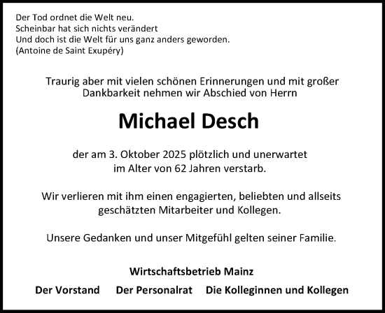 Traueranzeige von Michael Desch von Allgemeine Zeitung Mainz