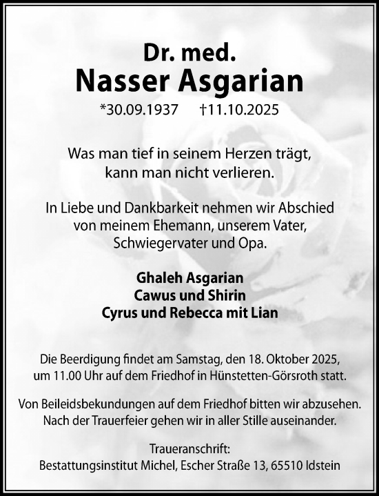 Traueranzeige von Nasser Asgarian von Idsteiner Land/Untertaunus
