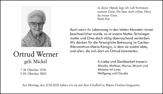 Traueranzeige von Ortrud Werner von Allgemeine Zeitung Mainz