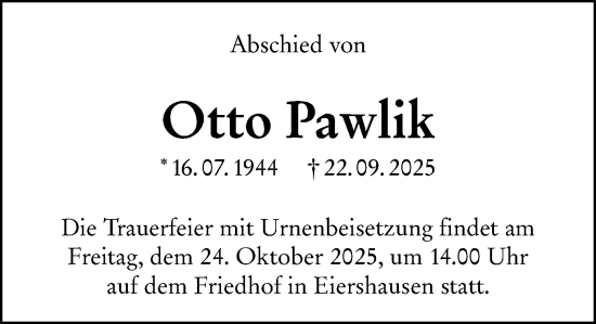 Traueranzeige von Otto Pawlik von Dill Block