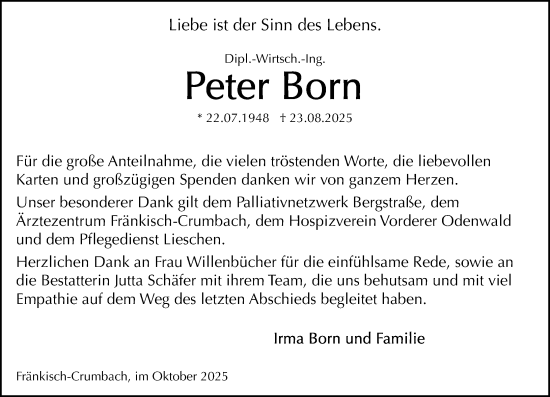 Traueranzeige von Peter Born von Odenwälder Echo