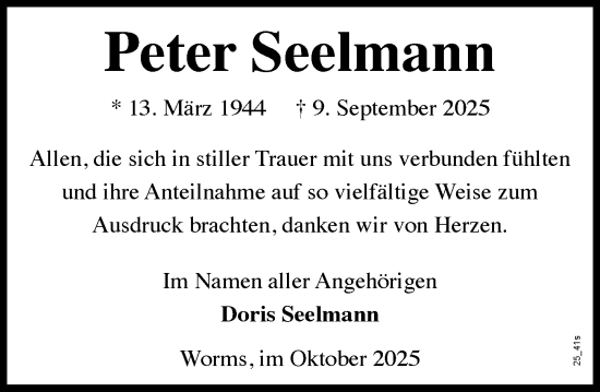 Traueranzeige von Peter Seelmann von Wormser Zeitung