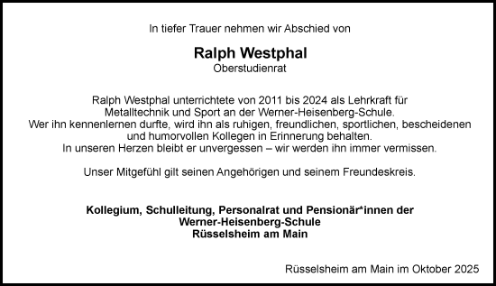 Traueranzeige von Ralph Westphal von Rüsselsheimer Echo
