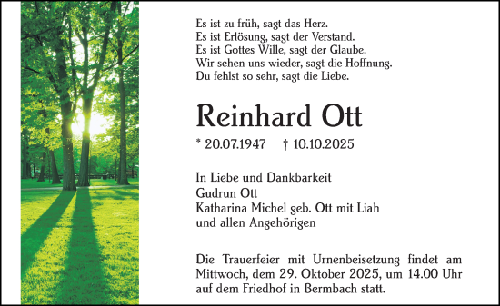 Traueranzeige von Reinhard Ott von Idsteiner Land/Untertaunus