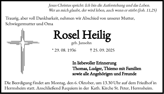 Traueranzeige von Rosel Heilig von Wormser Zeitung