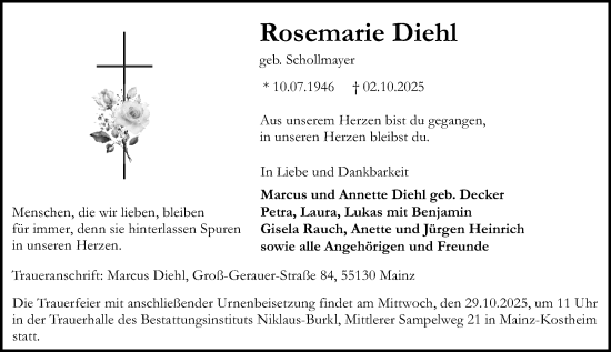 Traueranzeige von Rosemarie Diehl von Allgemeine Zeitung Mainz