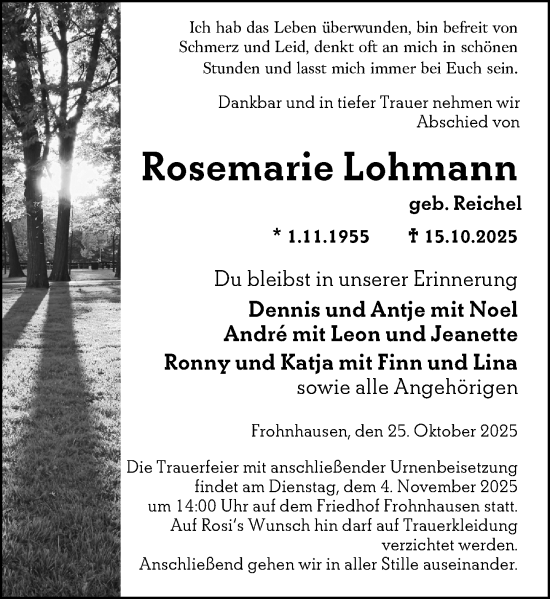 Traueranzeige von Rosemarie Lohmann von Dill Block