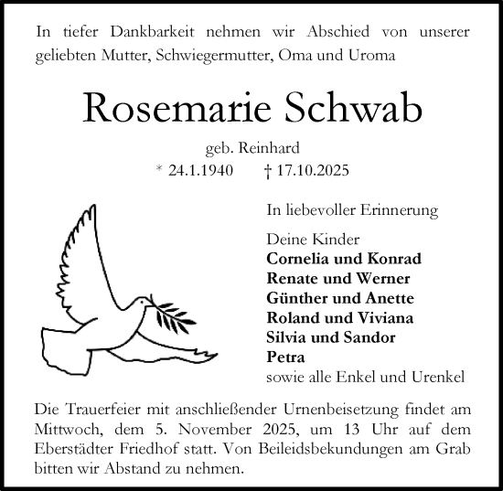 Traueranzeige von Rosemarie Schwab von Darmstädter Echo