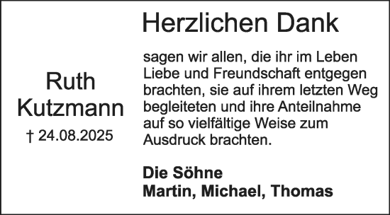 Traueranzeige von Ruth Kutzmann von Starkenburger Echo