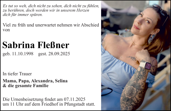 Traueranzeige von Sabrina Fleßner von Darmstädter Echo