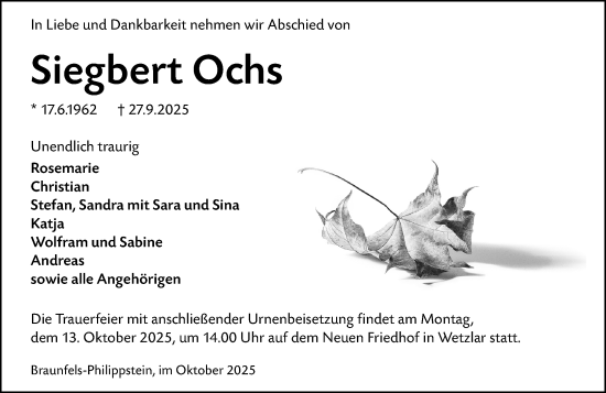 Traueranzeige von Siegbert Ochs von Wetzlarer Neue Zeitung