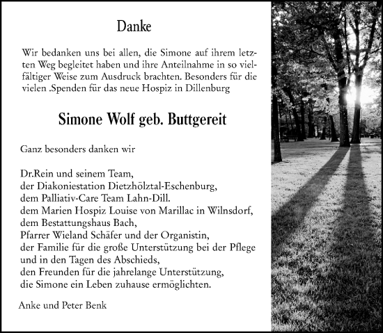 Traueranzeige von Simone Wolf von Dill Block