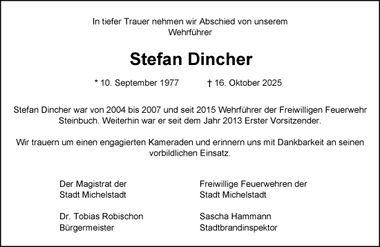 Traueranzeige von Stefan Dincher von Odenwälder Echo