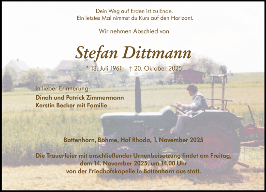 Traueranzeige von Stefan Dittmann von Hinterländer Anzeiger