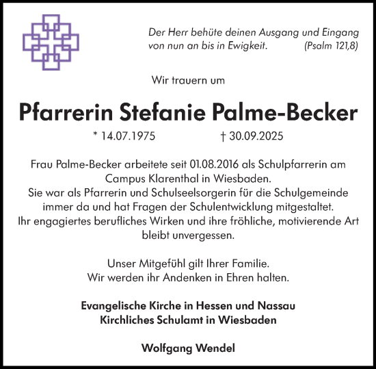 Traueranzeige von Stefanie Palme-Becker von Wiesbadener Kurier