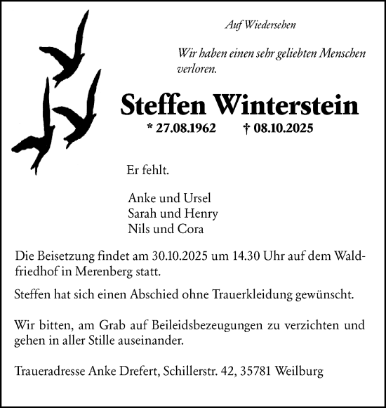 Traueranzeige von Steffen Winterstein von Weilburger Tageblatt
