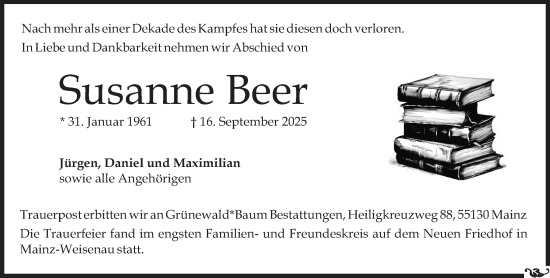 Traueranzeige von Susanne Beer von Allgemeine Zeitung Mainz