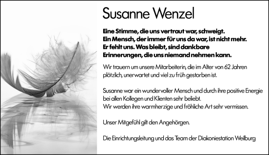 Traueranzeige von Susanne Wenzel von Weilburger Tageblatt