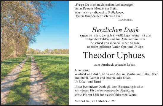 Traueranzeige von Theodor Uphues von Allgemeine Zeitung Mainz