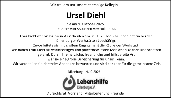 Traueranzeige von Ursel Diehl von Dill Block