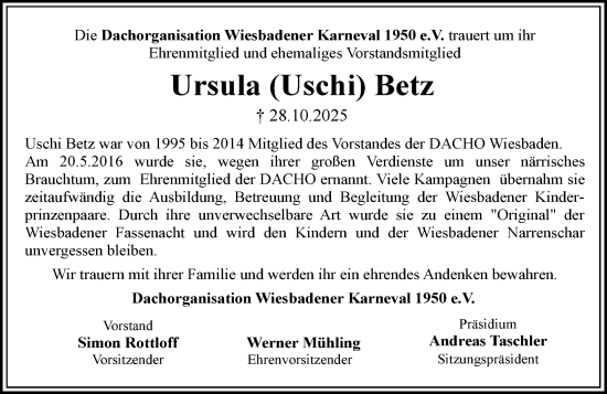 Traueranzeige von Ursula Betz von Wiesbadener Kurier