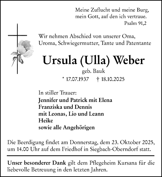 Traueranzeige von Ursula Weber von Dill Block