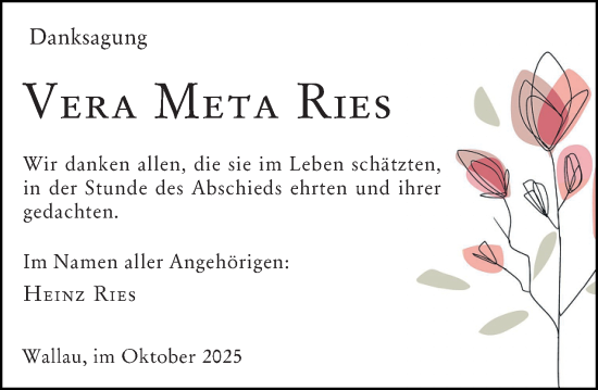 Traueranzeige von Vera Meta Ries von Hinterländer Anzeiger