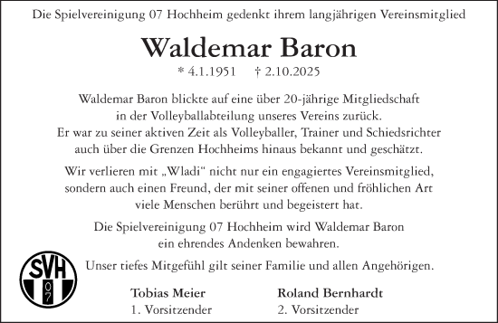Traueranzeige von Waldemar Baron von Hochheimer Zeitung