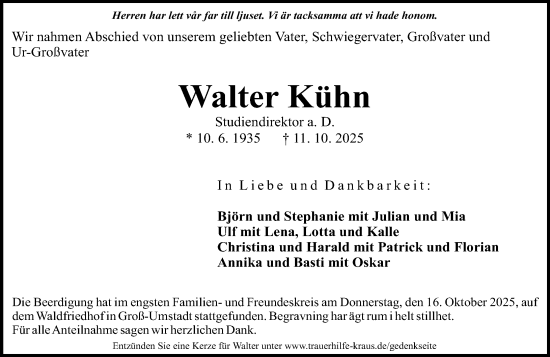 Traueranzeige von Walter Kühn von Darmstädter Echo