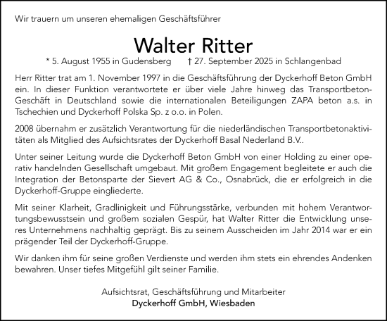 Traueranzeige von Walter Ritter von Wiesbadener Kurier