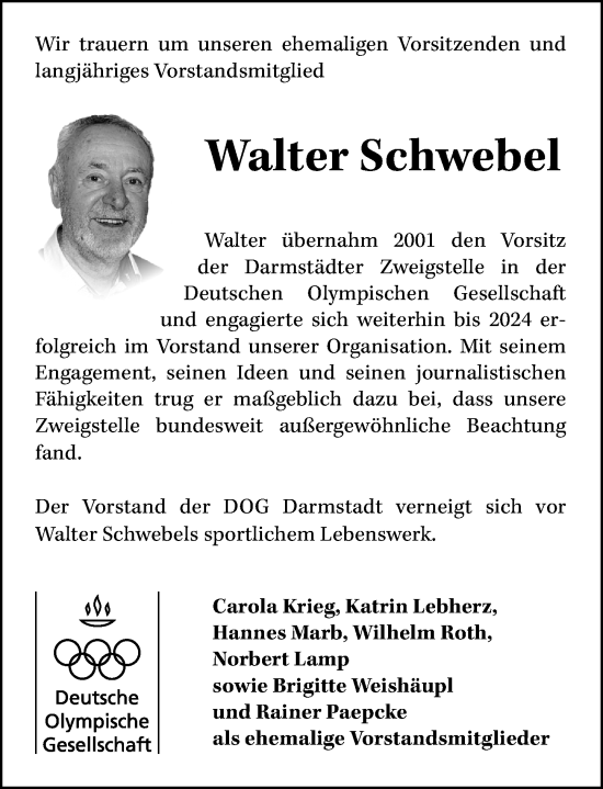 Traueranzeige von Walter Schwebel von Darmstädter Echo