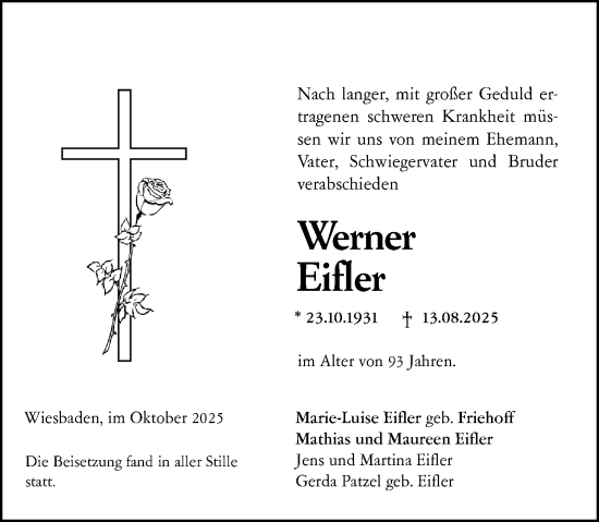 Traueranzeige von Werner Eifler von Wiesbadener Kurier