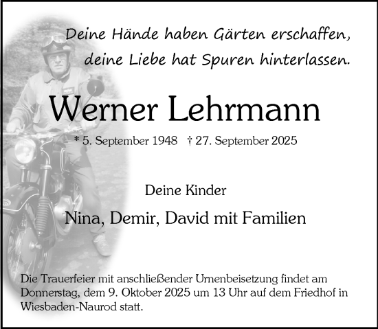 Traueranzeige von Werner Lehrmann von Wiesbadener Kurier