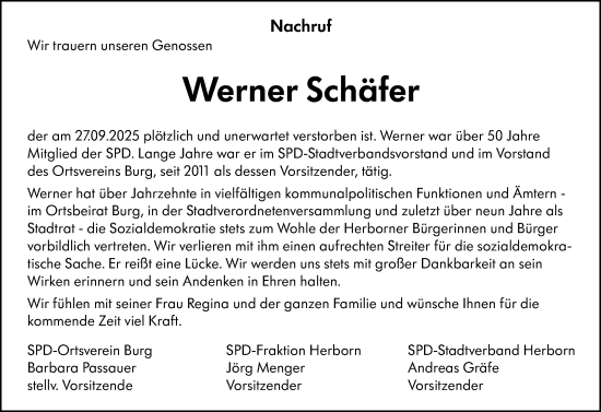 Traueranzeige von Werner Schäfer von Dill Block