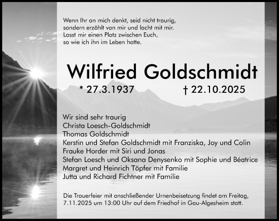 Traueranzeige von Wilfried Goldschmidt von Allgemeine Zeitung Rheinhessen-Nahe