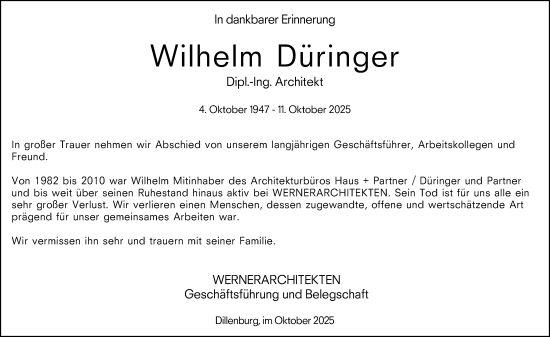 Traueranzeige von Wilhelm Düringer von Hinterländer Anzeiger